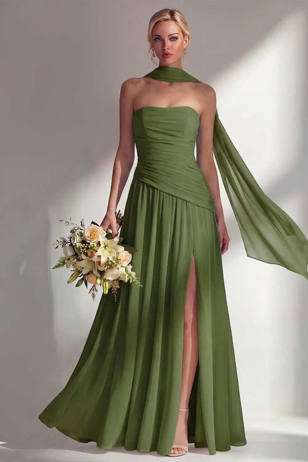 A-Line Strapless Scarf Sleeve Maxi Formal Dress