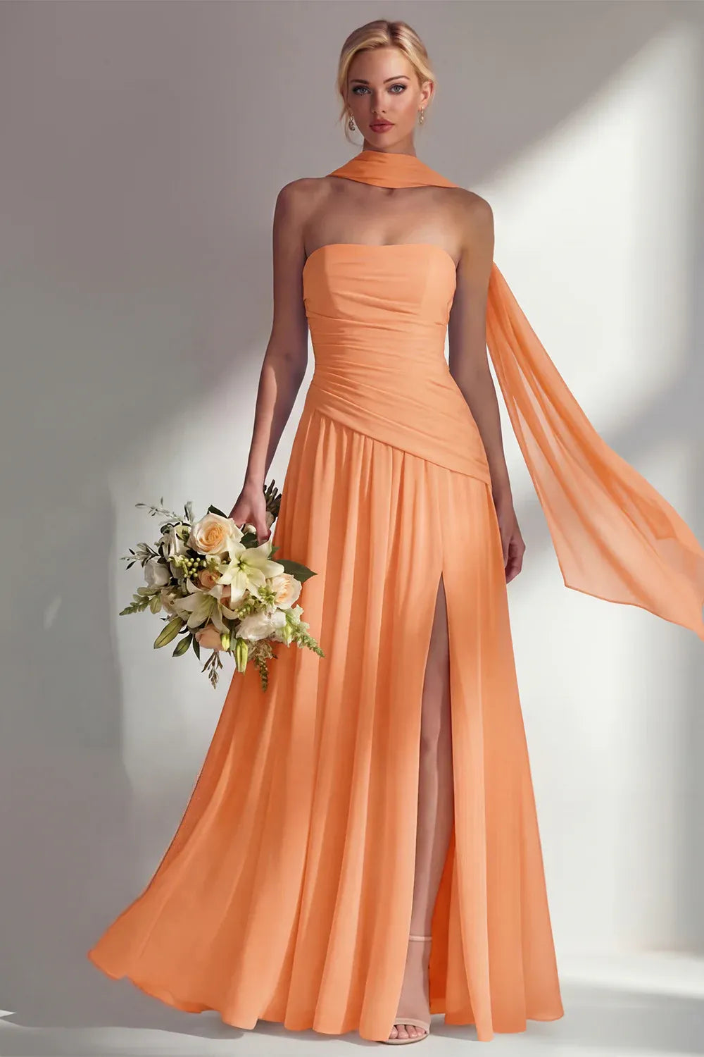 A-Line Strapless Scarf Sleeve Maxi Formal Dress