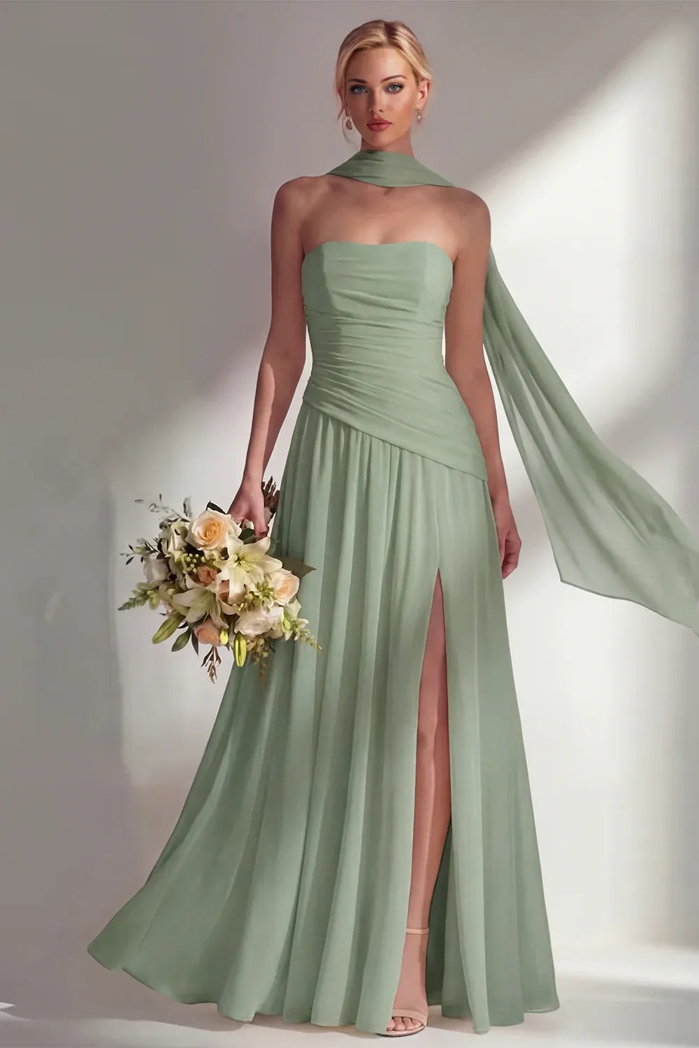 A-Line Strapless Scarf Sleeve Maxi Formal Dress