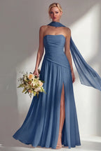A-Line Strapless Scarf Sleeve Maxi Formal Dress