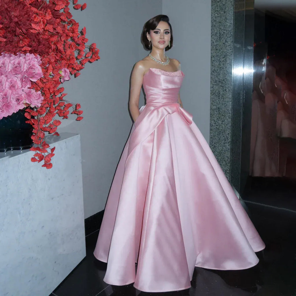 A-Line Strapless Sleeveless Backless Beaded Ruffle Evening Dress With Train