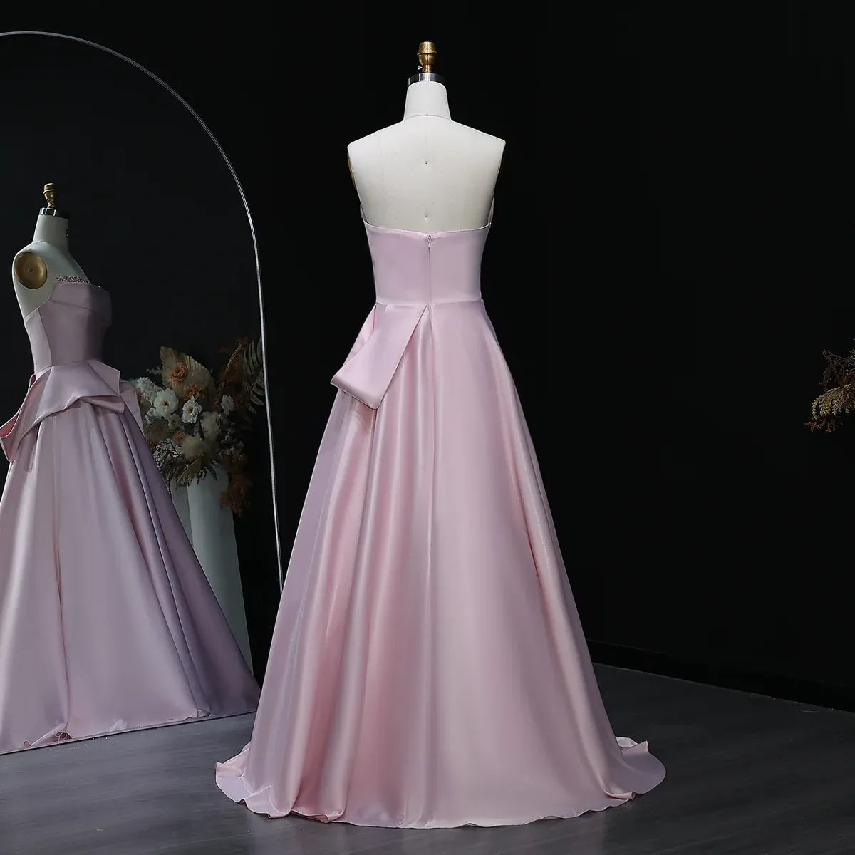 A-Line Strapless Sleeveless Backless Beaded Ruffle Evening Dress With Train