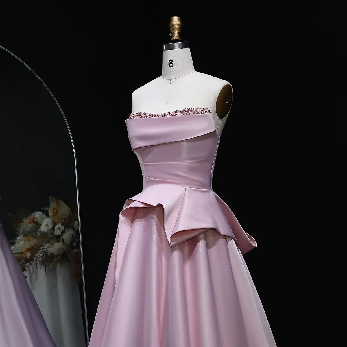 A-Line Strapless Sleeveless Backless Beaded Ruffle Evening Dress With Train