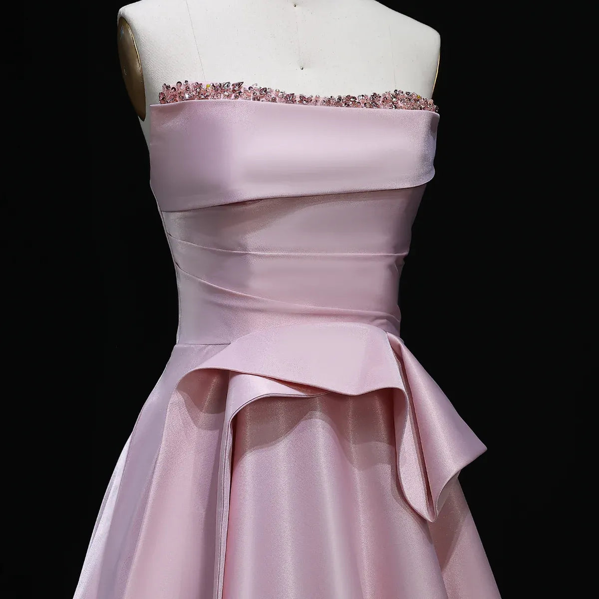 A-Line Strapless Sleeveless Backless Beaded Ruffle Evening Dress With Train