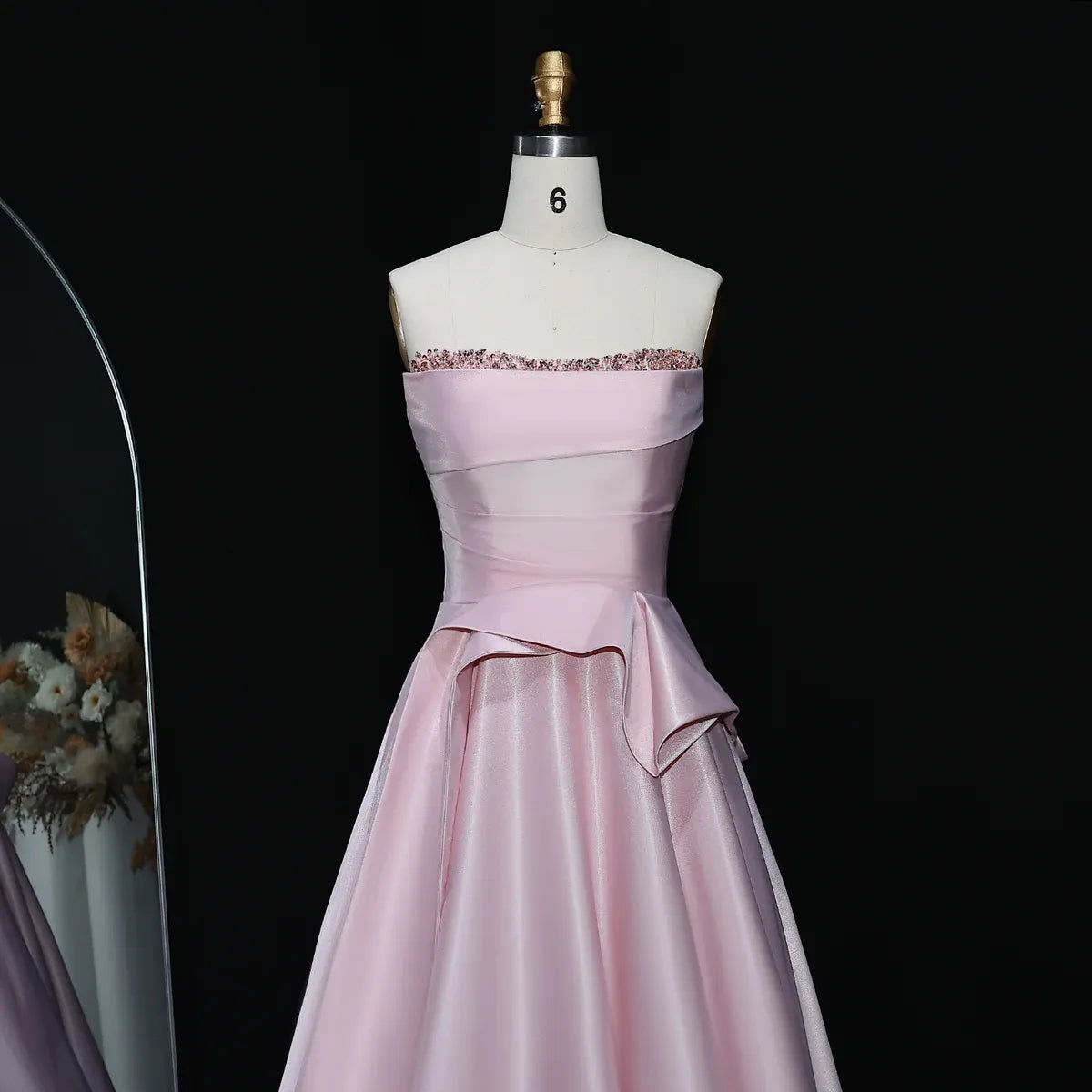A-Line Strapless Sleeveless Backless Beaded Ruffle Evening Dress With Train