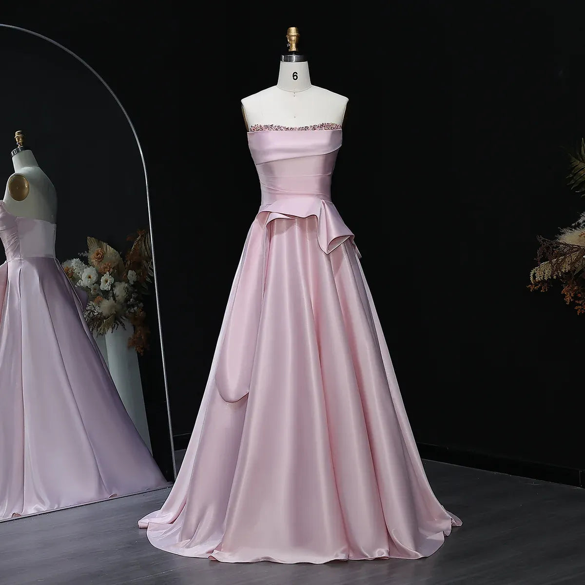 A-Line Strapless Sleeveless Backless Beaded Ruffle Evening Dress With Train