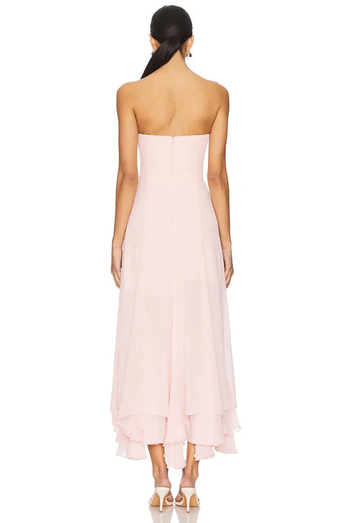 Robe de soirée élégante mi-longue sans bretelles sans manches avec fermeture éclair au dos, coupe trapèze