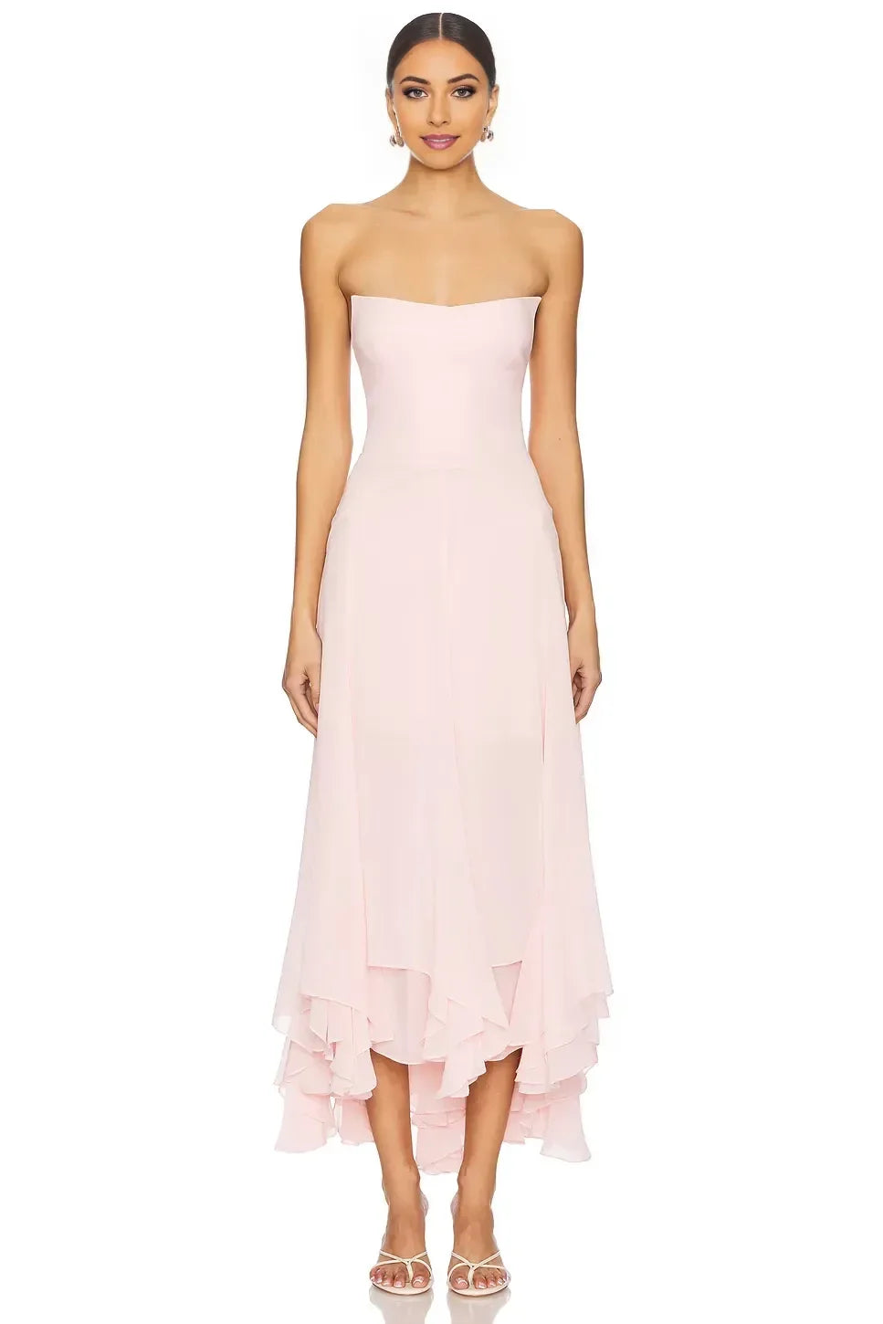 Elegant A Line Strapless Sleeveless Zipper Back Midi Evening Dress