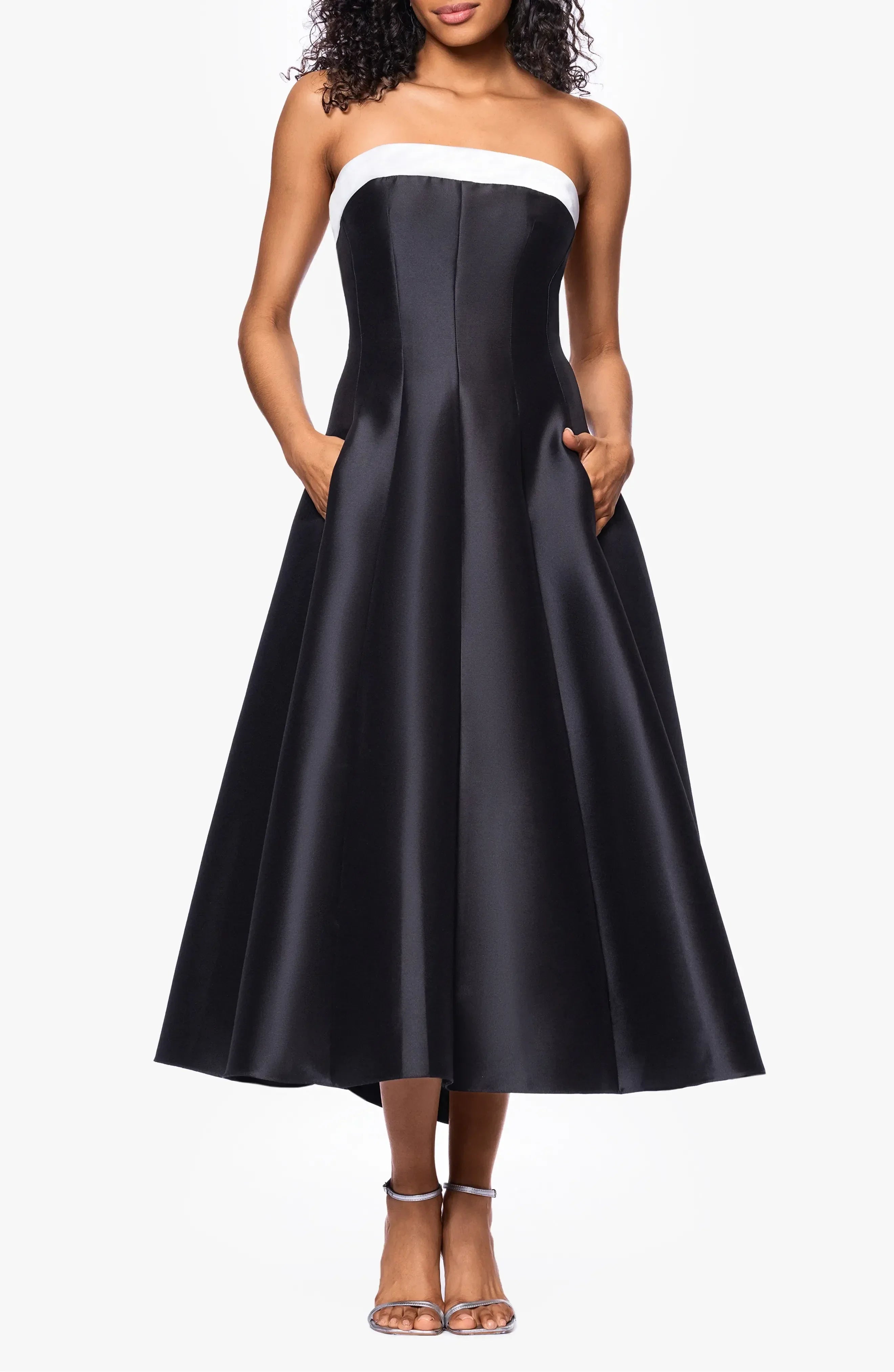 Elegant A Line Strapless Sleeveless Zipper Back Midi Length Evening Dress