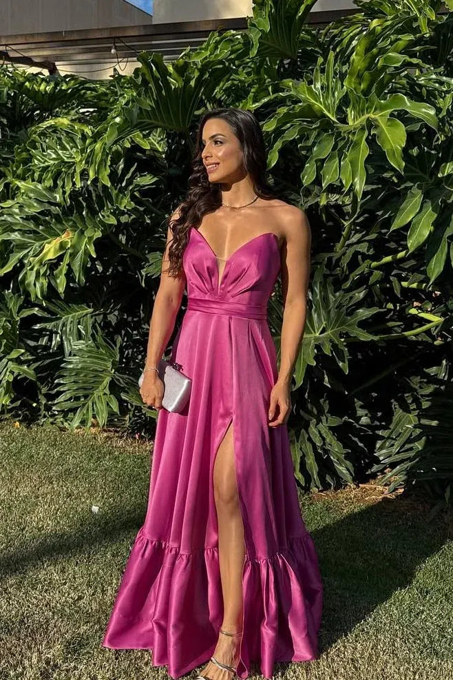 A-Line Strapless Sweetheart Neck Maxi Dress With Slit & Ruffle Hem