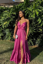 A-Line Strapless Sweetheart Neck Maxi Dress With Slit & Ruffle Hem