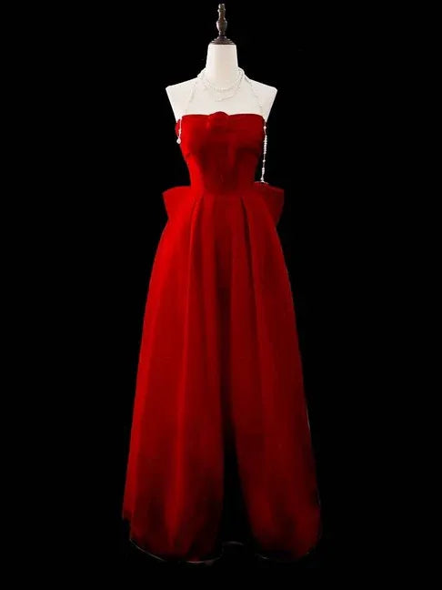 Red A-Line Strapless Sweetheart Floor-Length Evening Gown with Statement Bow