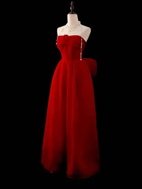 Red A-Line Strapless Sweetheart Floor-Length Evening Gown with Statement Bow