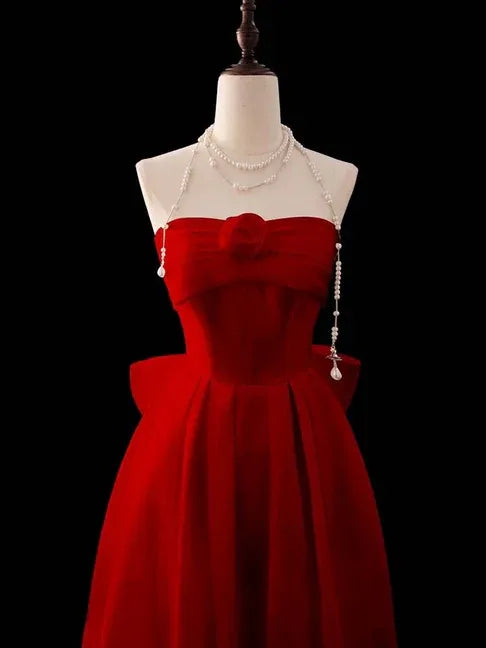 Red A-Line Strapless Sweetheart Floor-Length Evening Gown with Statement Bow