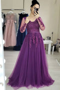 A-Line V Neck Long Sleeve Beaded Maxi Prom Dress