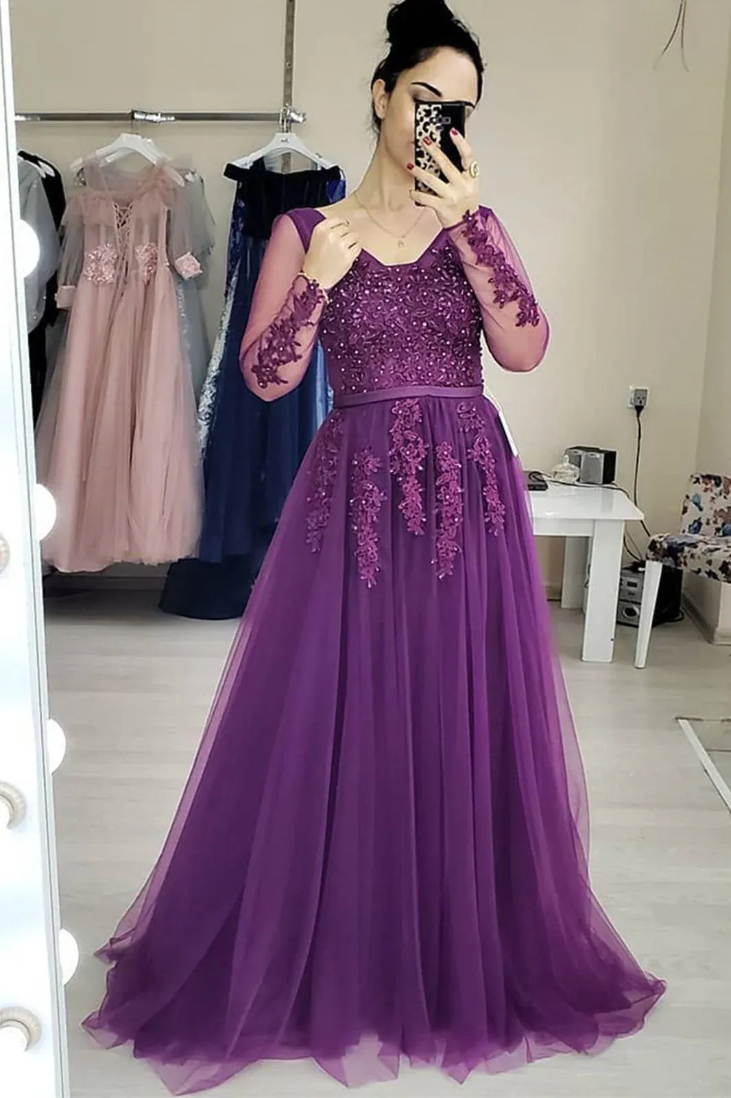 A-Line V Neck Long Sleeve Beaded Maxi Prom Dress