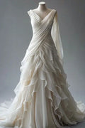 A-Line V-Neck Long Sleeve Lace-Up Ruffles Wedding Dress