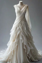 A-Line V-Neck Long Sleeve Lace-Up Ruffles Wedding Dress