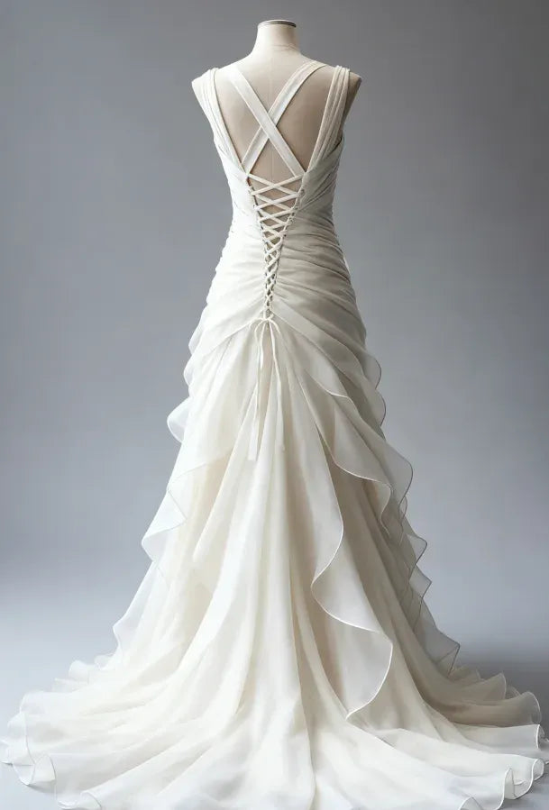 A-Line V-Neck Long Sleeve Lace-Up Ruffles Wedding Dress