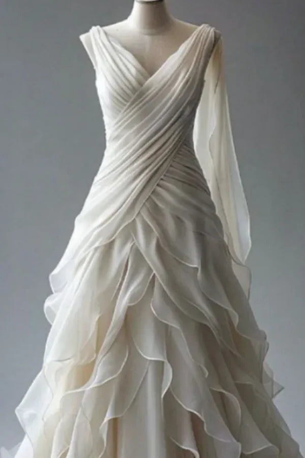 A-Line V-Neck Long Sleeve Lace-Up Ruffles Wedding Dress