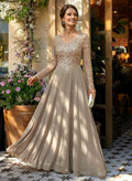 Taupe A-Line V-Neck Long Sleeve & Evening Gown Mother of the Bride Dress