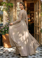 Taupe A-Line V-Neck Long Sleeve & Evening Gown Mother of the Bride Dress