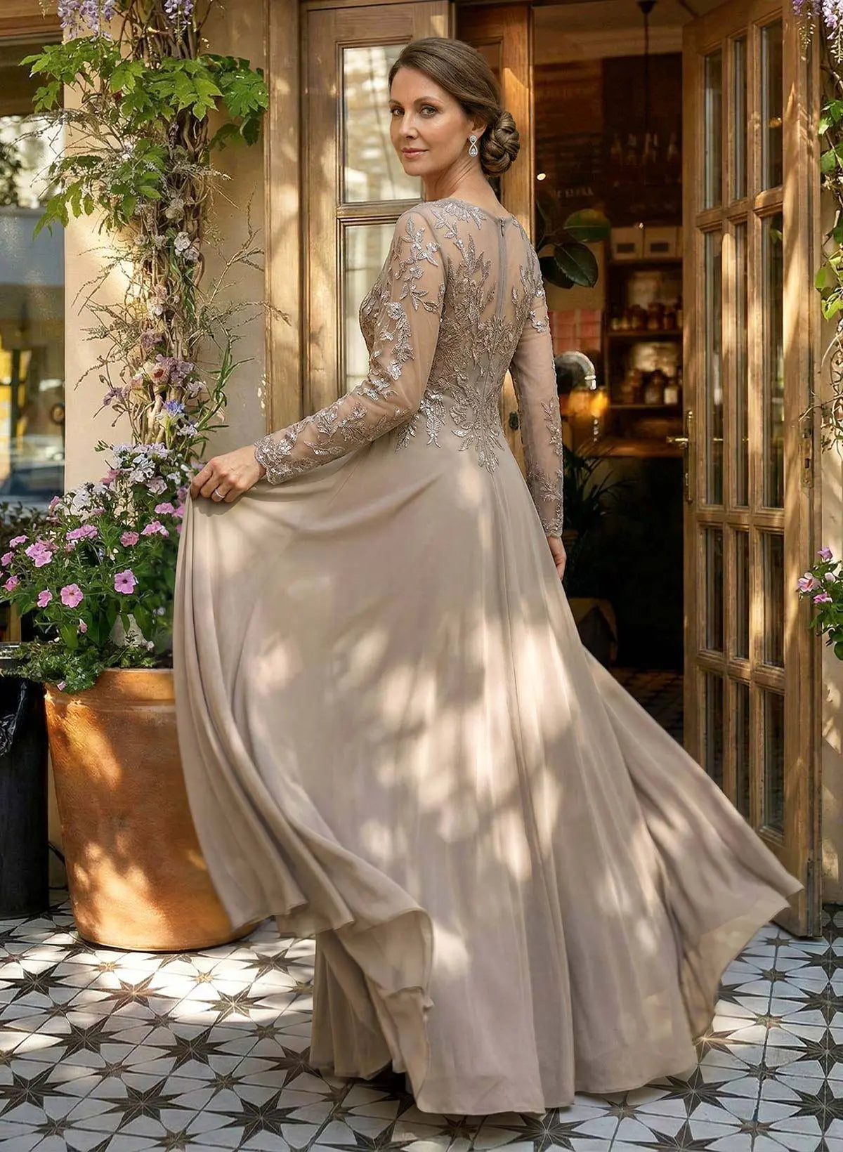 Taupe A-Line V-Neck Long Sleeve & Evening Gown Mother of the Bride Dress