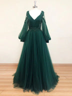 A-Line V Neck Long Sleeve Maxi Prom Dress