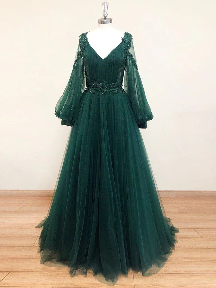 A-Line V Neck Long Sleeve Maxi Prom Dress