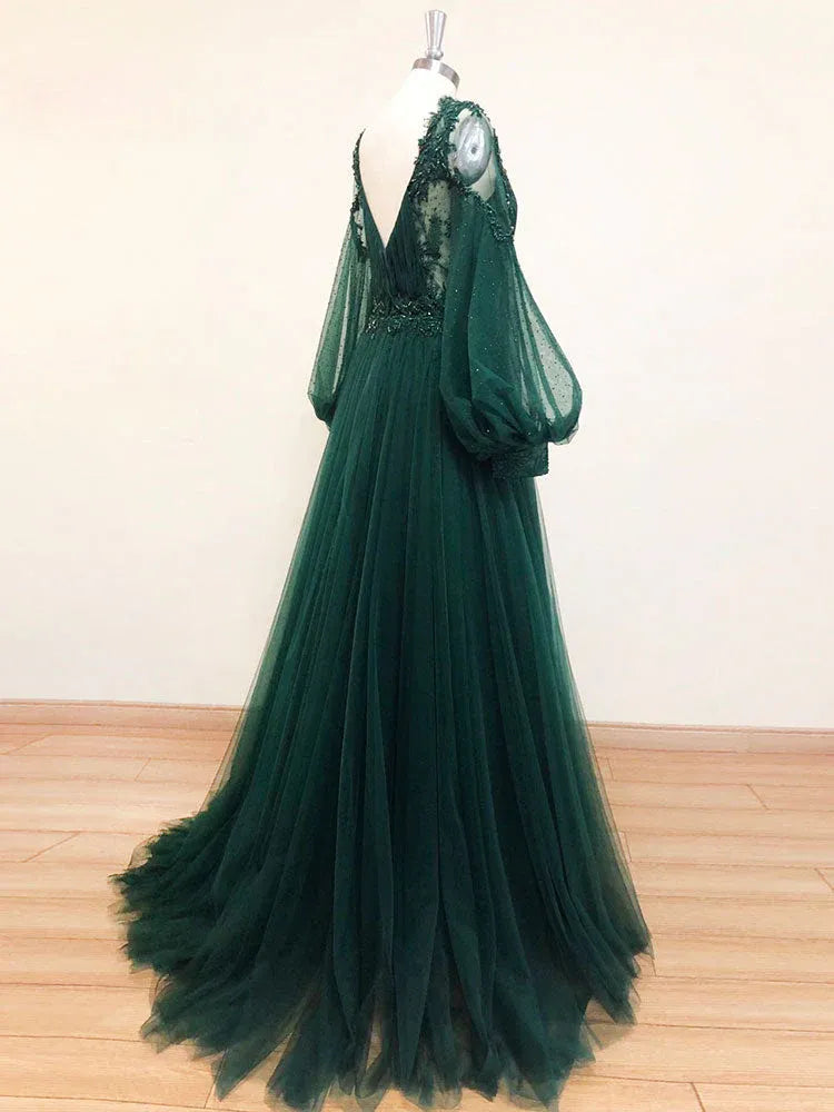 A-Line V Neck Long Sleeve Maxi Prom Dress