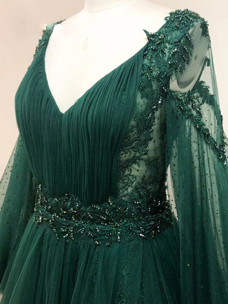 A-Line V Neck Long Sleeve Maxi Prom Dress