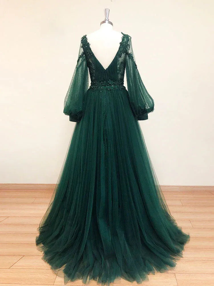 A-Line V Neck Long Sleeve Maxi Prom Dress