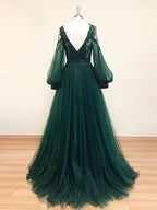 A-Line V Neck Long Sleeve Maxi Prom Dress