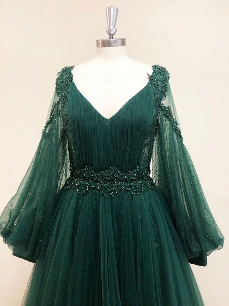 A-Line V Neck Long Sleeve Maxi Prom Dress