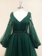 A-Line V Neck Long Sleeve Maxi Prom Dress