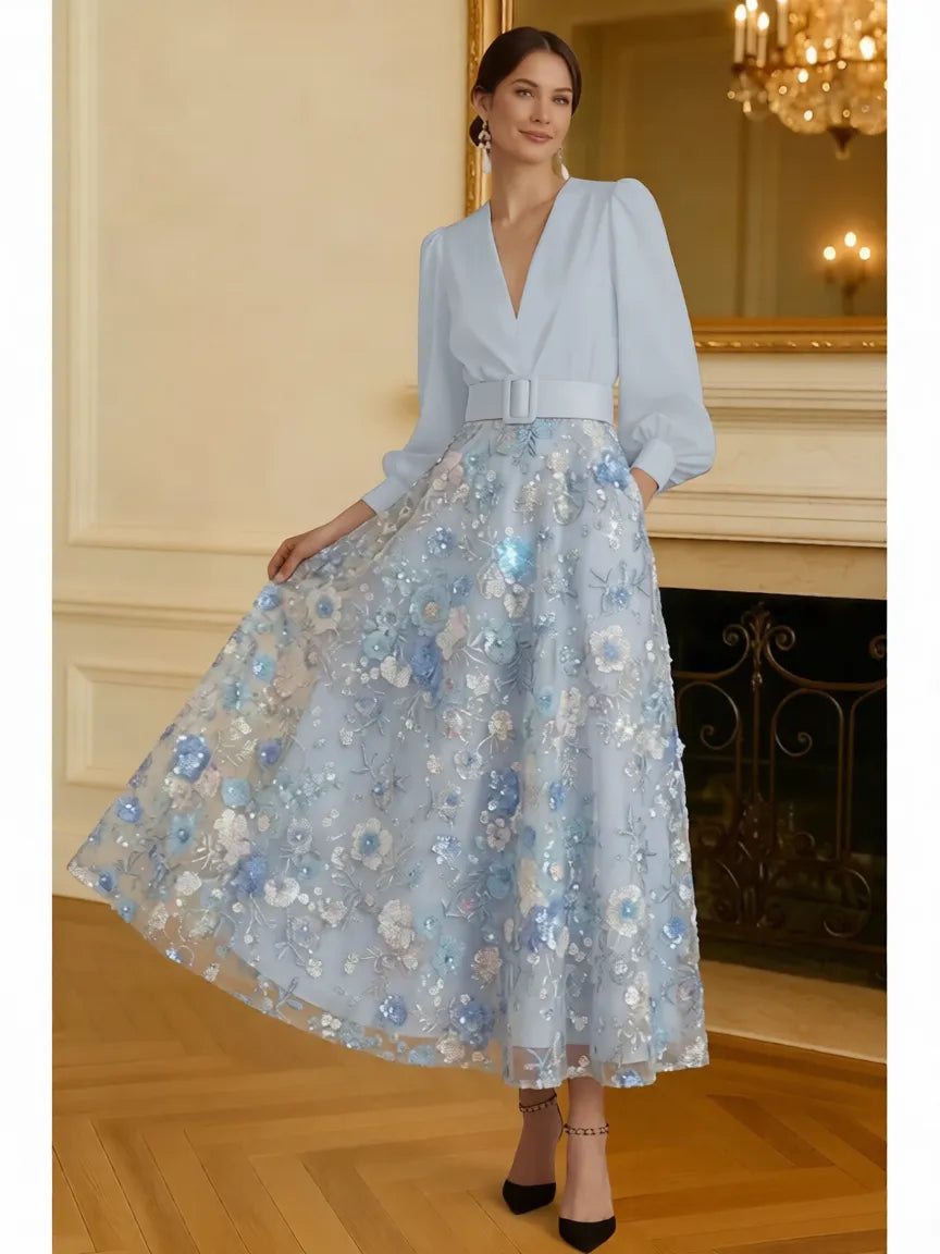 A-Line V Neck Puff Sleeve Midi Floral Dress