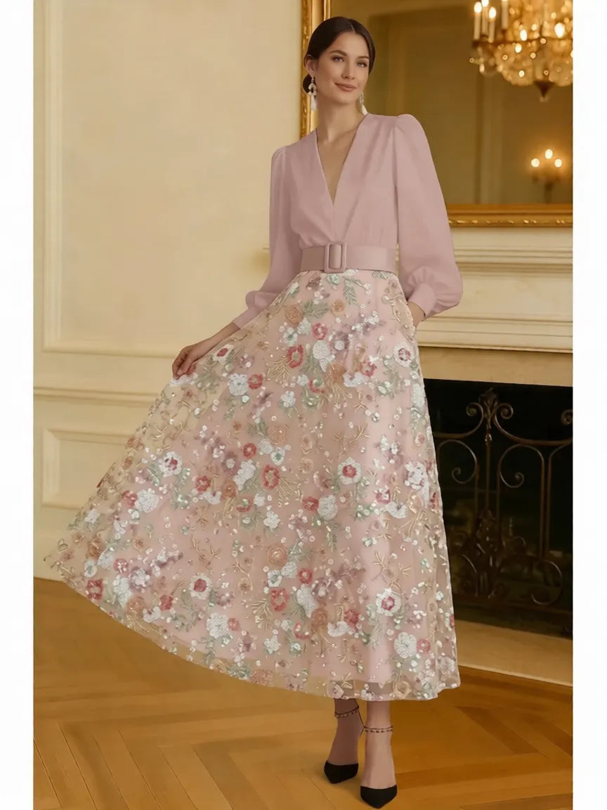 A-Line V Neck Puff Sleeve Midi Floral Dress