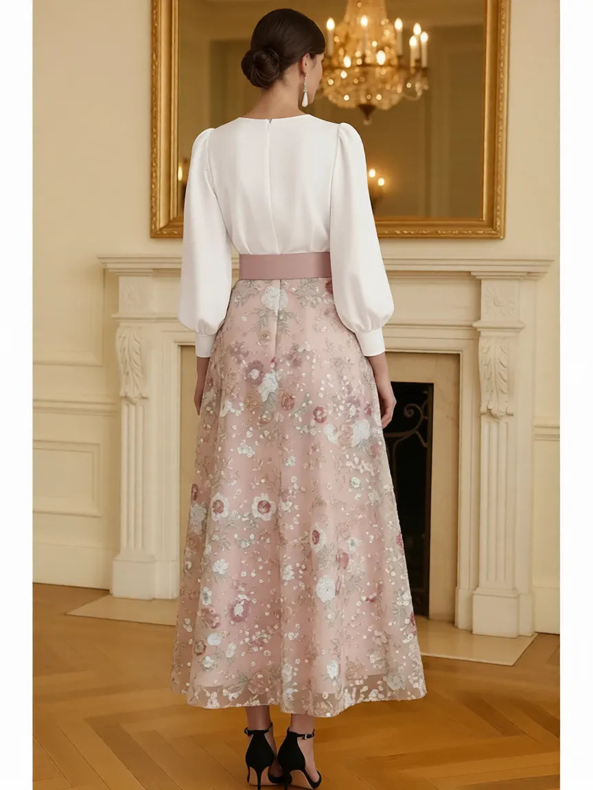 A-Line V Neck Puff Sleeve Midi Floral Dress