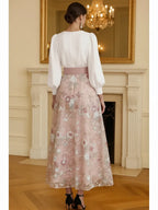 A-Line V Neck Puff Sleeve Midi Floral Dress