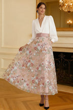 A-Line V Neck Puff Sleeve Midi Floral Dress