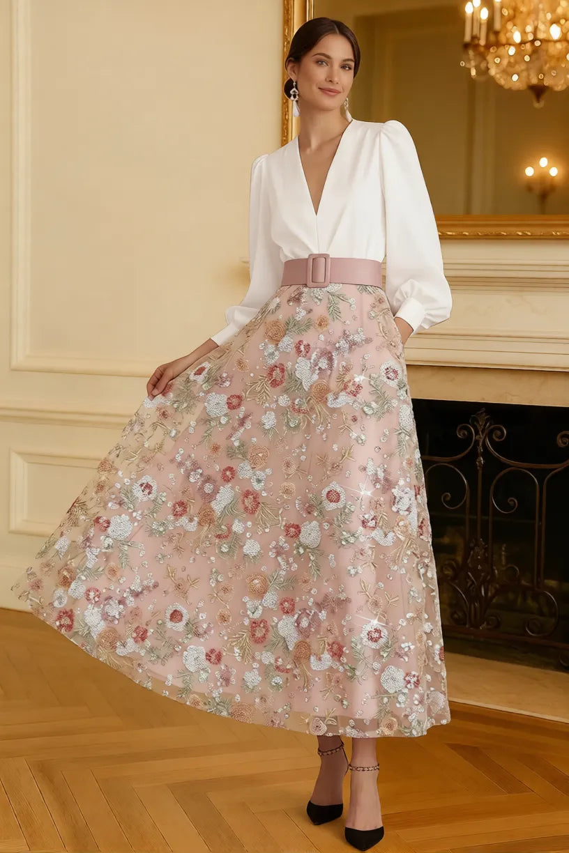 A-Line V Neck Puff Sleeve Midi Floral Dress