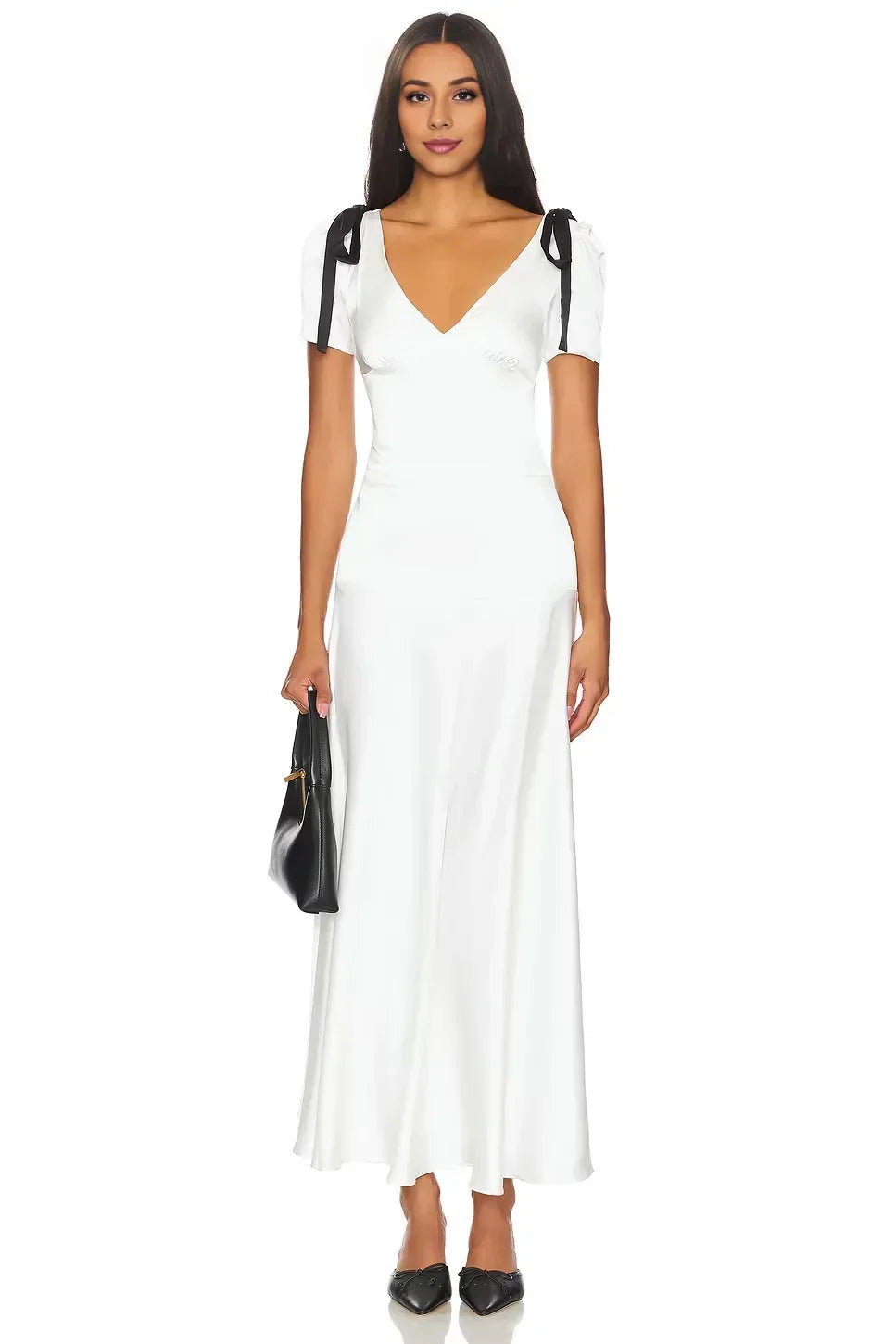 Elegant A Line V Neck Short Sleeve Bow Detail Midi Length Evening Dress