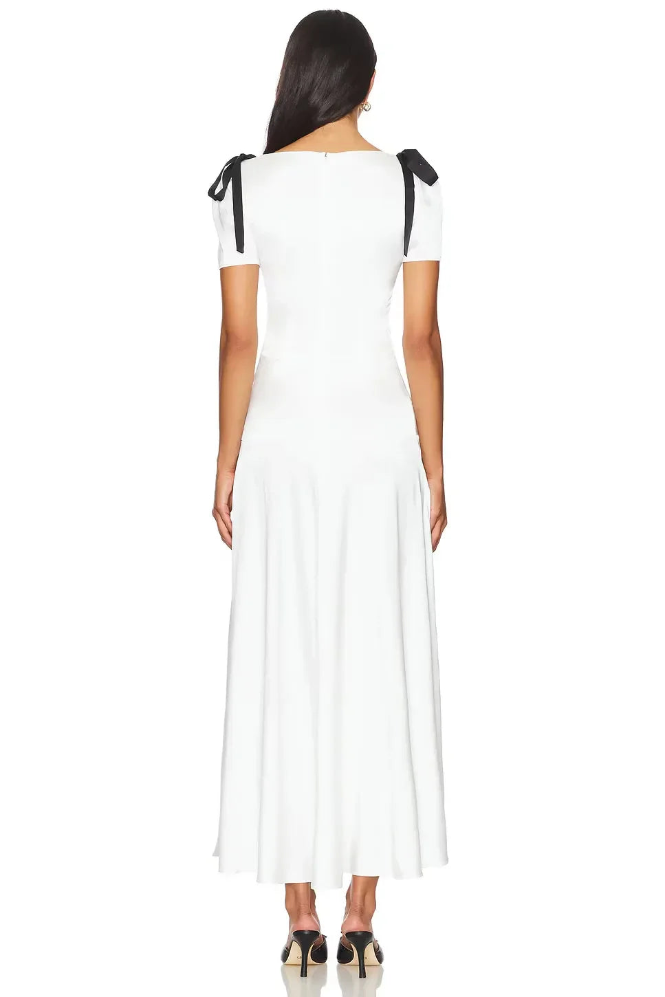 Elegant A Line V Neck Short Sleeve Bow Detail Midi Length Evening Dress