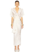 Elegant A Line V Neck Short Sleeve Tie Waist Floor Length Evening Dress