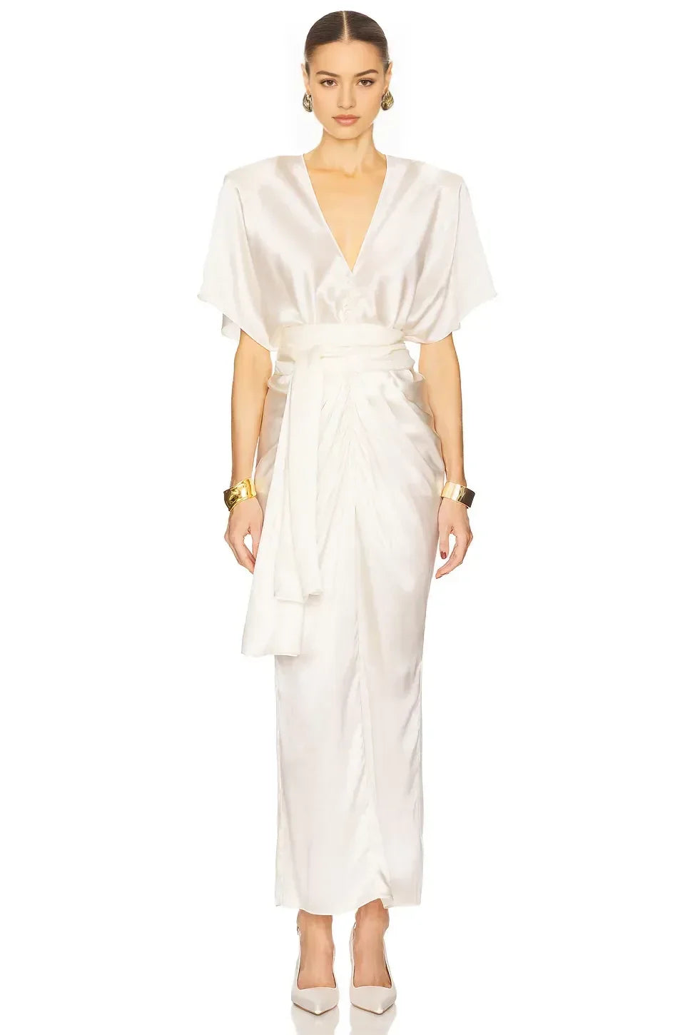 Elegant A Line V Neck Short Sleeve Tie Waist Floor Length Evening Dress