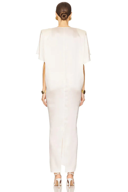 Robe de soirée élégante longue, coupe trapèze, col en V, manches courtes et taille nouée