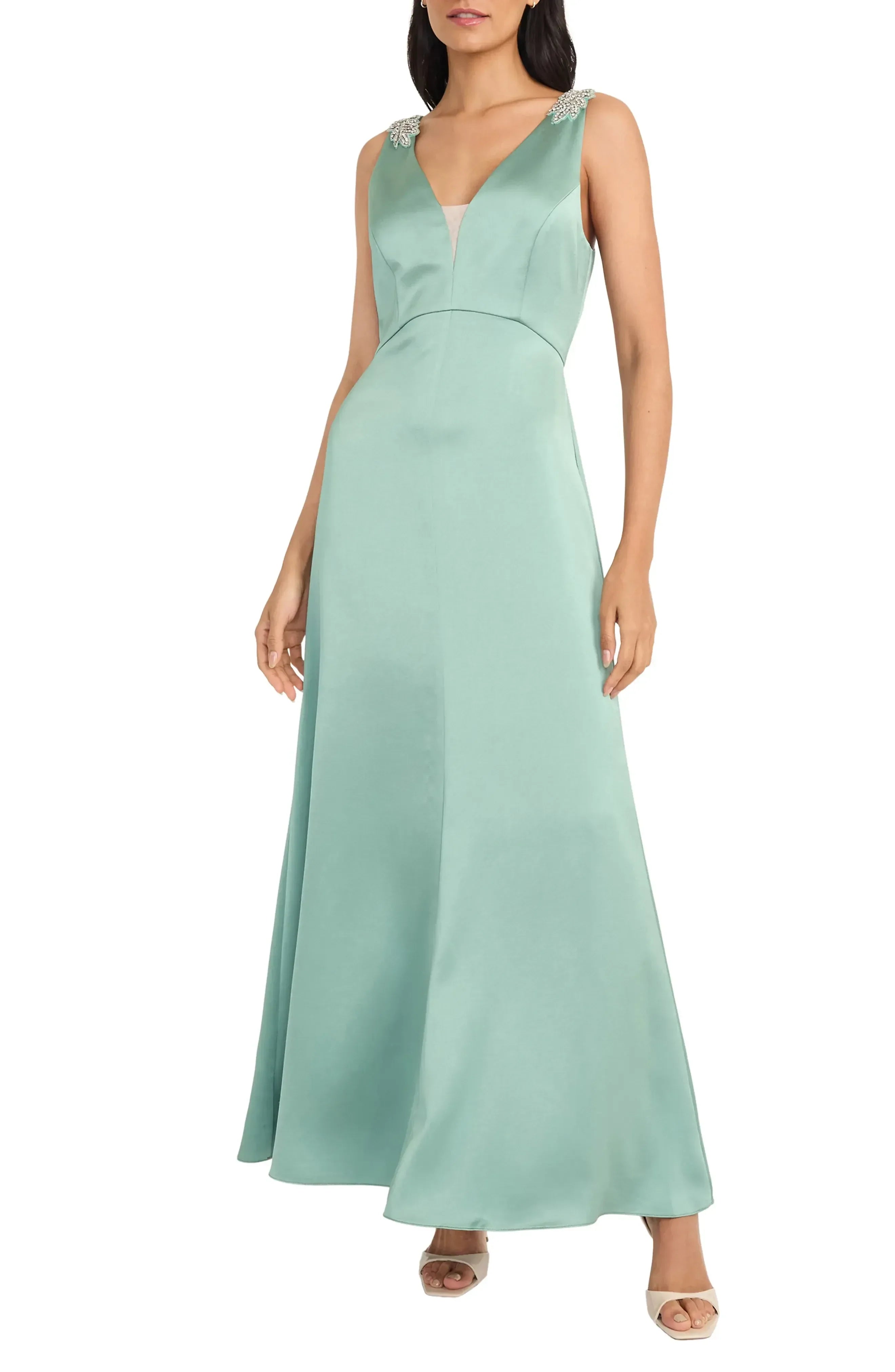 Elegant A Line V Neck Sleeveless Zipper Back Floor Length Evening Dress