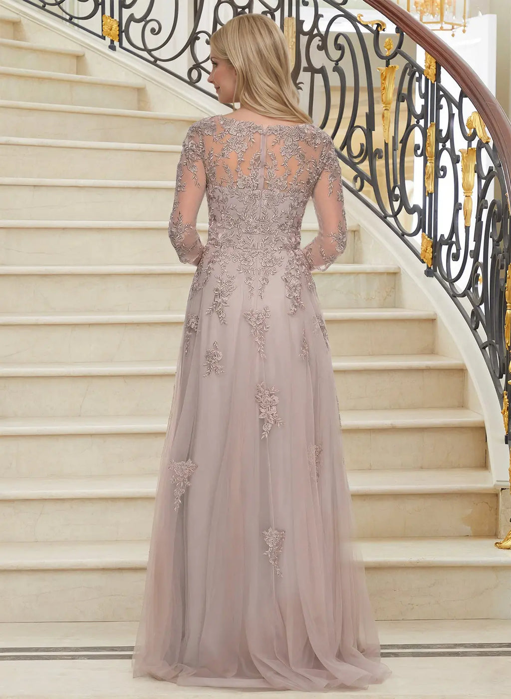 A-Line V-Neck Three-Quarter Sleeve Dusty Rose & Mother of the Bride Dress