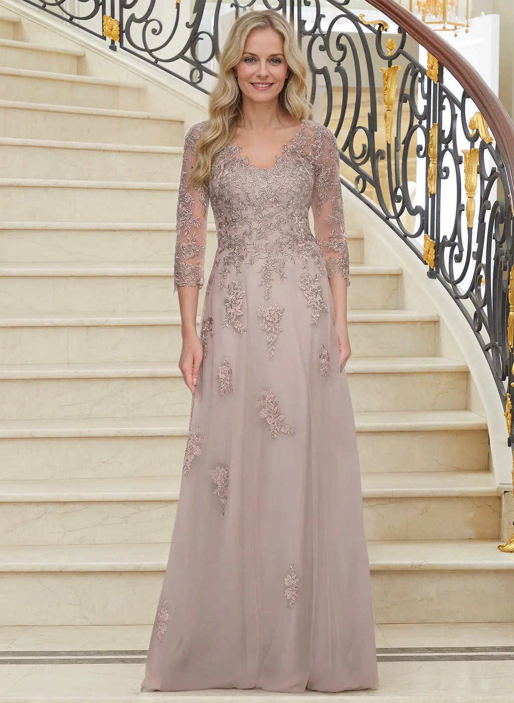 A-Line V-Neck Three-Quarter Sleeve Dusty Rose & Mother of the Bride Dress
