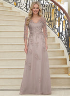 A-Line V-Neck Three-Quarter Sleeve Dusty Rose & Mother of the Bride Dress